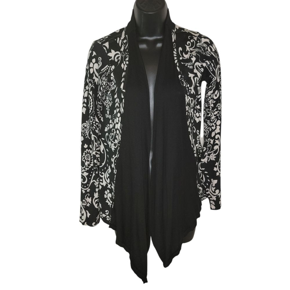 Foxcroft Floral Filagree Silk Blend Drape Open Front Cardigan Size Small